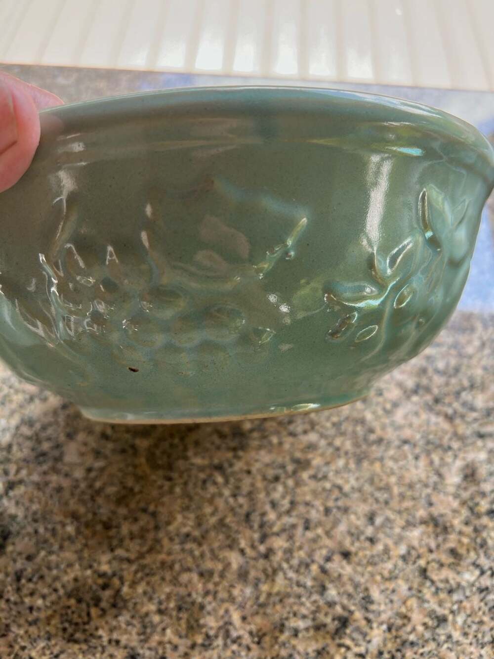 Vintage McCoy USA Green Stoneware Mixing Bowl Embossed Harvest Fruit